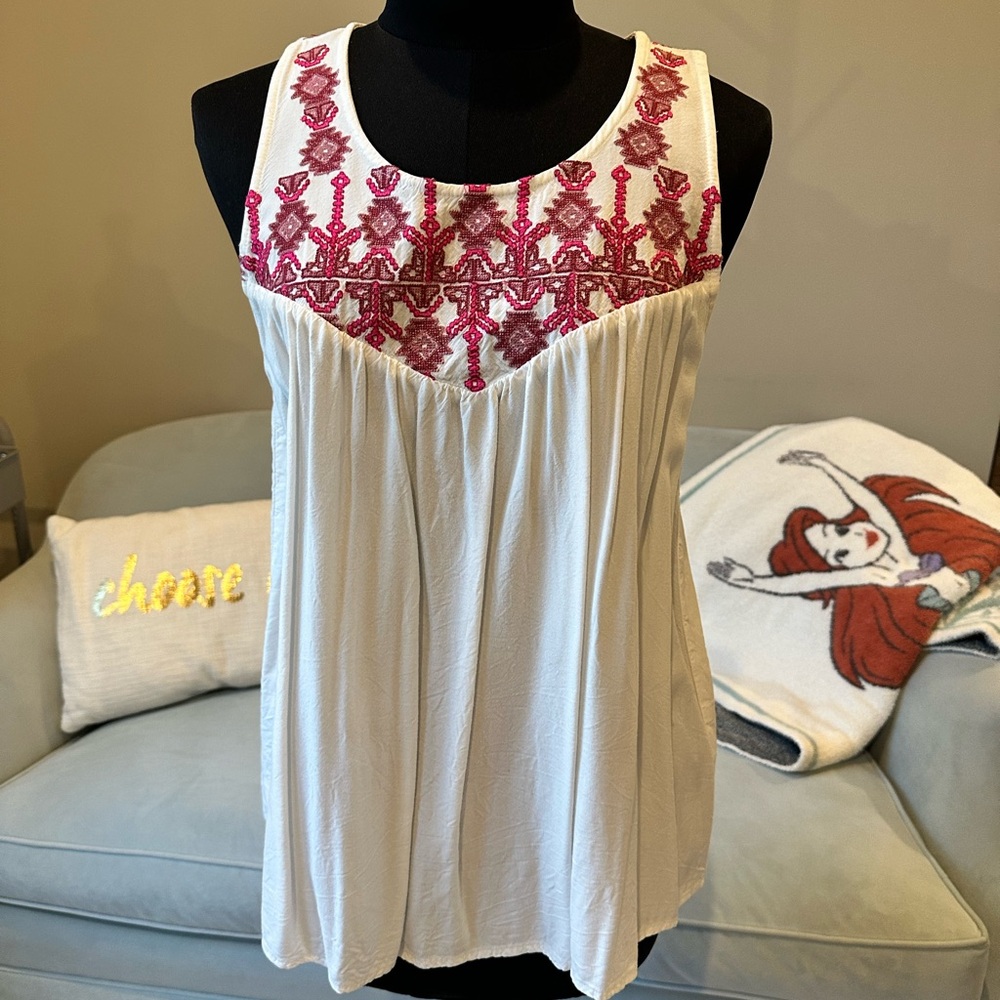 Lucky Brand White Top with Pink Embroidery